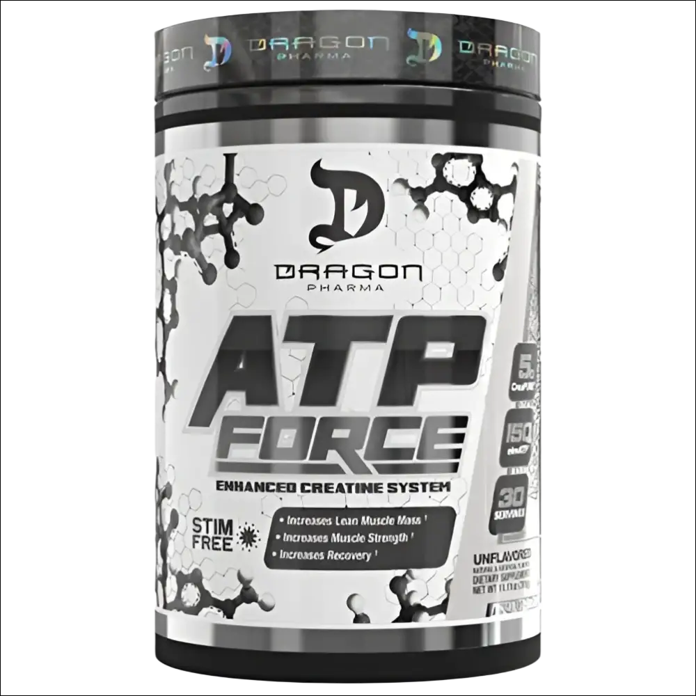 Dragon pharma atp force enhanced creatine system in a sleek black and silver container with bold white lettering
