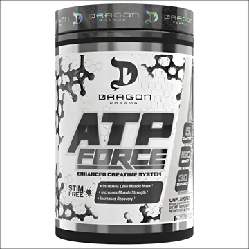Dragon pharma atp force enhanced creatine system in a sleek black and silver container with bold white lettering