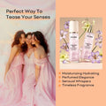 Two transparent glass bottles of dream quicksand body spray syabo fragrance mist with white and gold-tone caps filled with pink liquid
