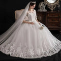 Elegant dream slim sleeve lace ivory wedding gown with three-quarter sleeves and floral embroidered tulle skirt large size