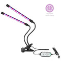 Black dual arm clip led grow light with two flexible led arms emitting pink and purple light and remote control