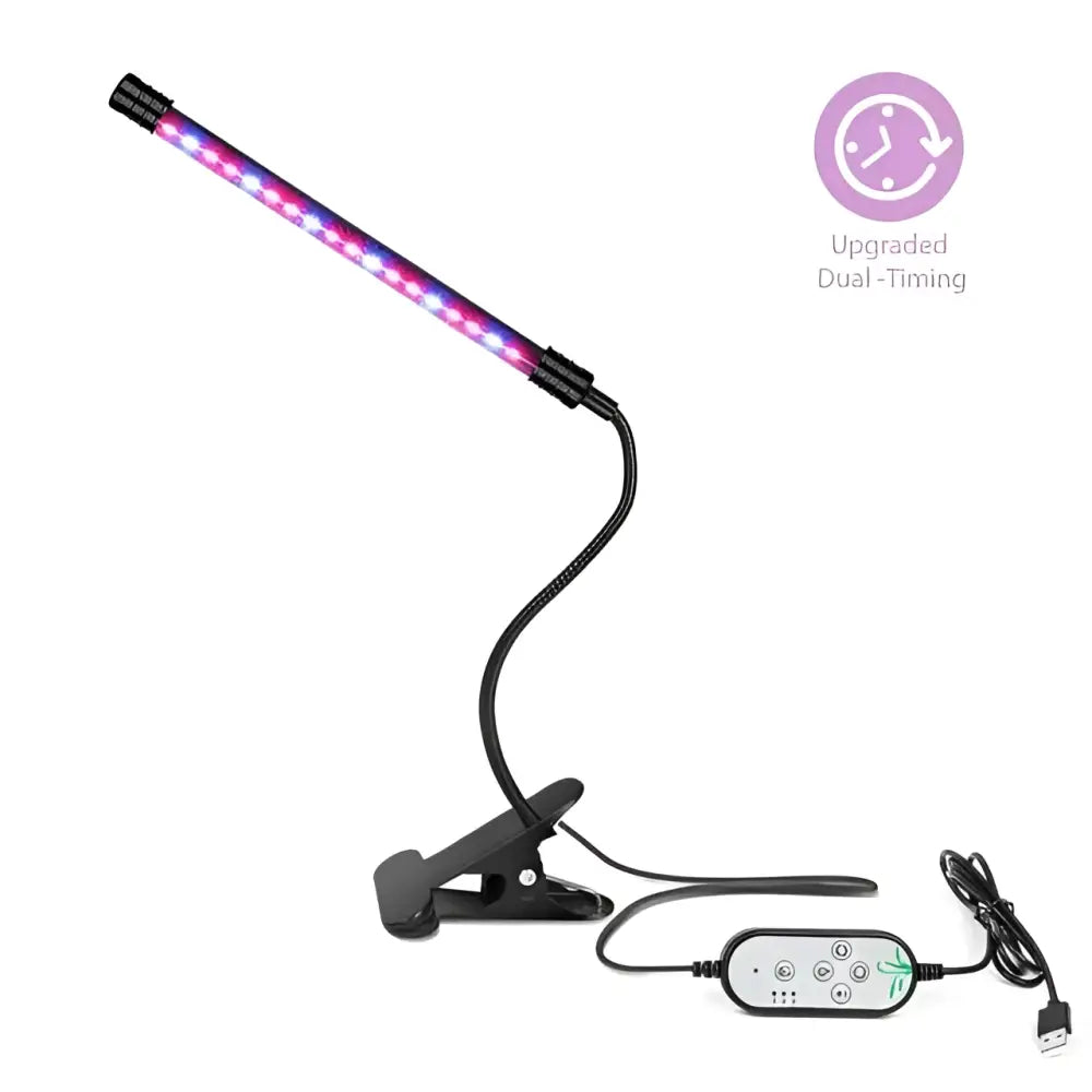 Black dual arm clip on led grow light with flexible gooseneck and remote emitting purple and blue led light usb hues