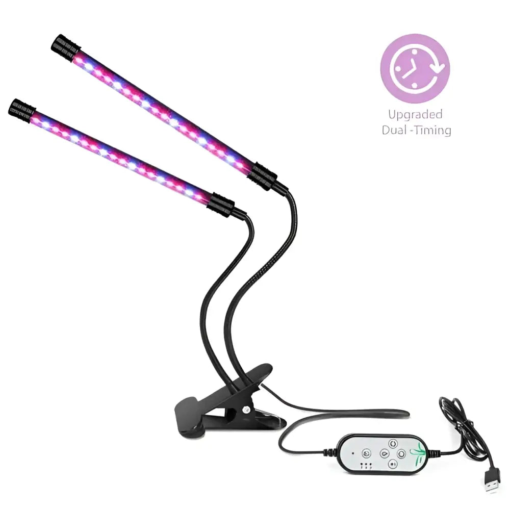 Black dual arm clip led grow light with two flexible LED arms emitting pink and purple light and remote control