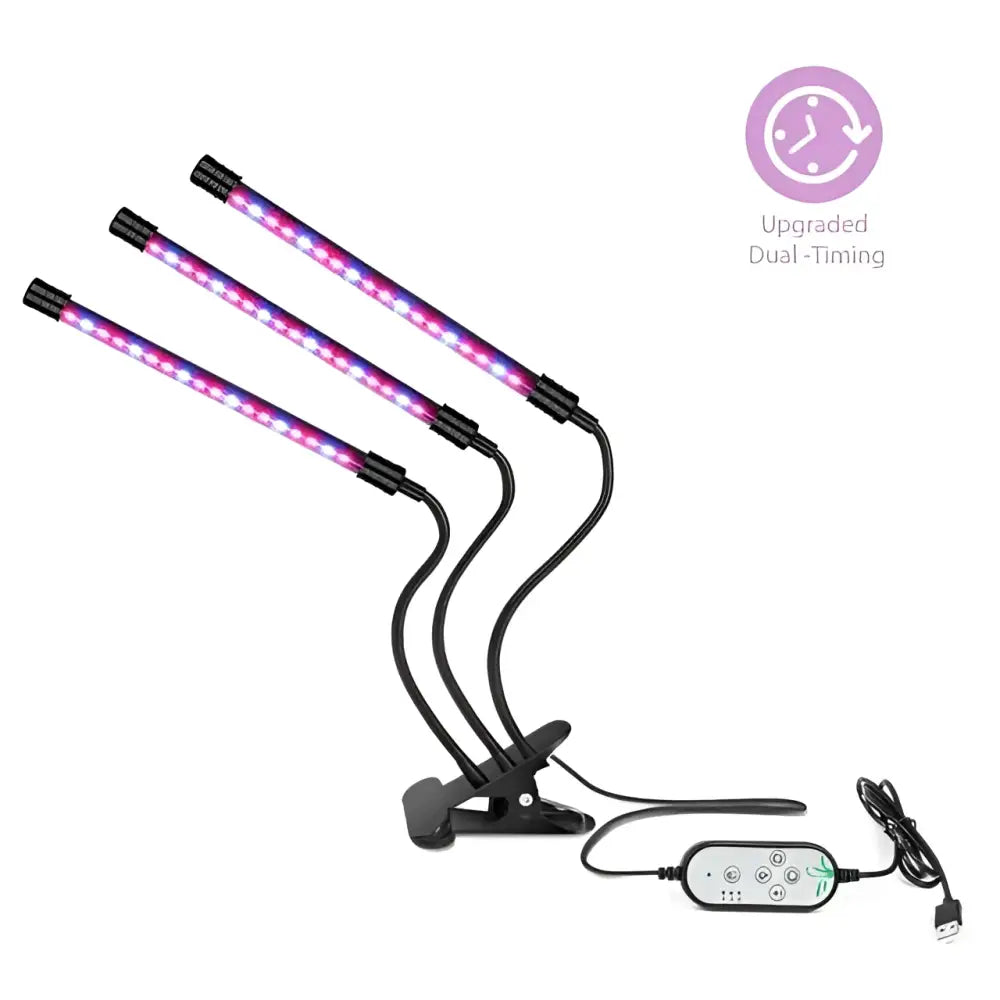 Black flexible dual arm clip led grow light with usb powered purple and pink illuminated tubes and remote control