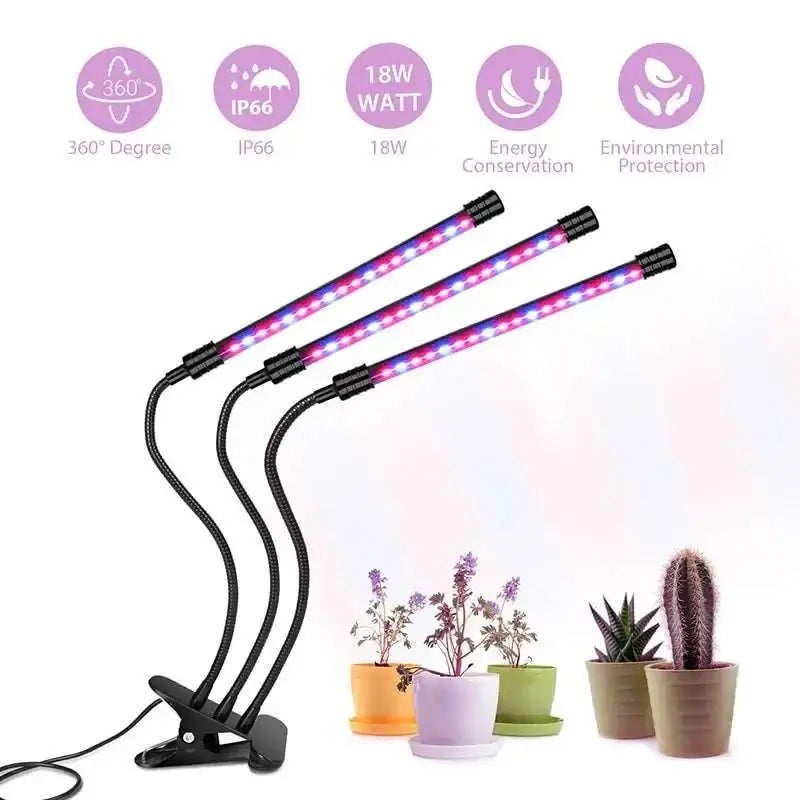 Black dual arm clip led grow light with three adjustable arms emitting purple and pink light for plant growth usb powered