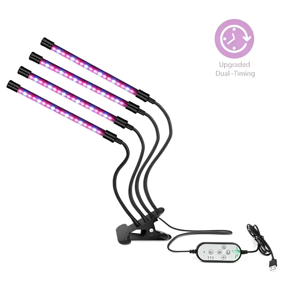 Set of four black flexible dual arm clip led grow lights with purple and pink tubes connected to a remote control unit