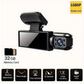 Black dual lens dash cam with sleek compact design and 32g memory card featuring a single lens on the right side