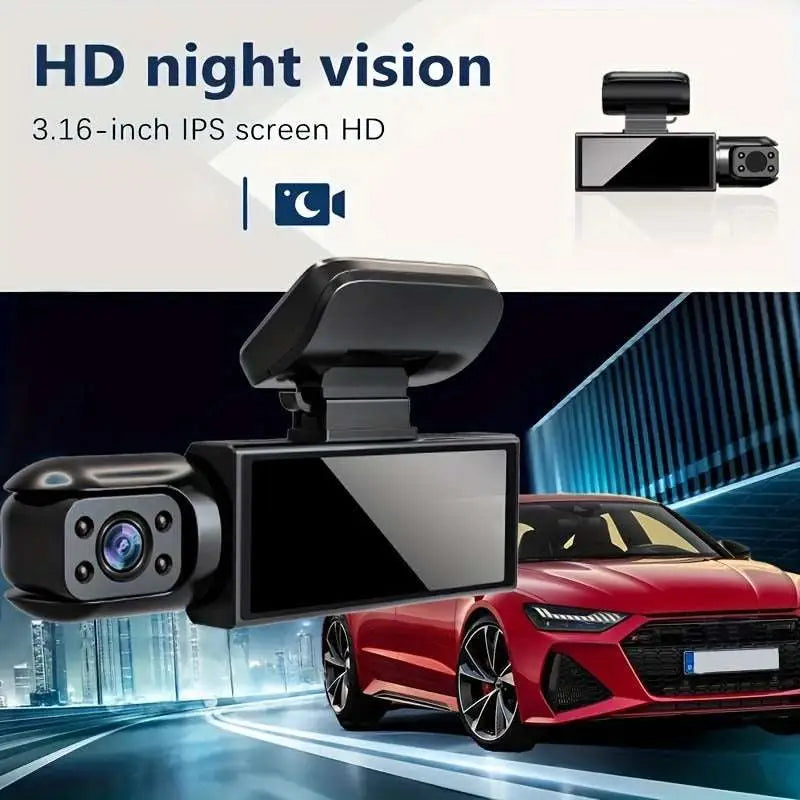 Black dual lens dash cam with 3.16 inch ips screen hd night vision and 32g memory card in sleek compact design mounted on red car