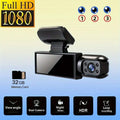 Black dual lens dash cam with sleek compact design and 32g memory card shown from the back side with small screen