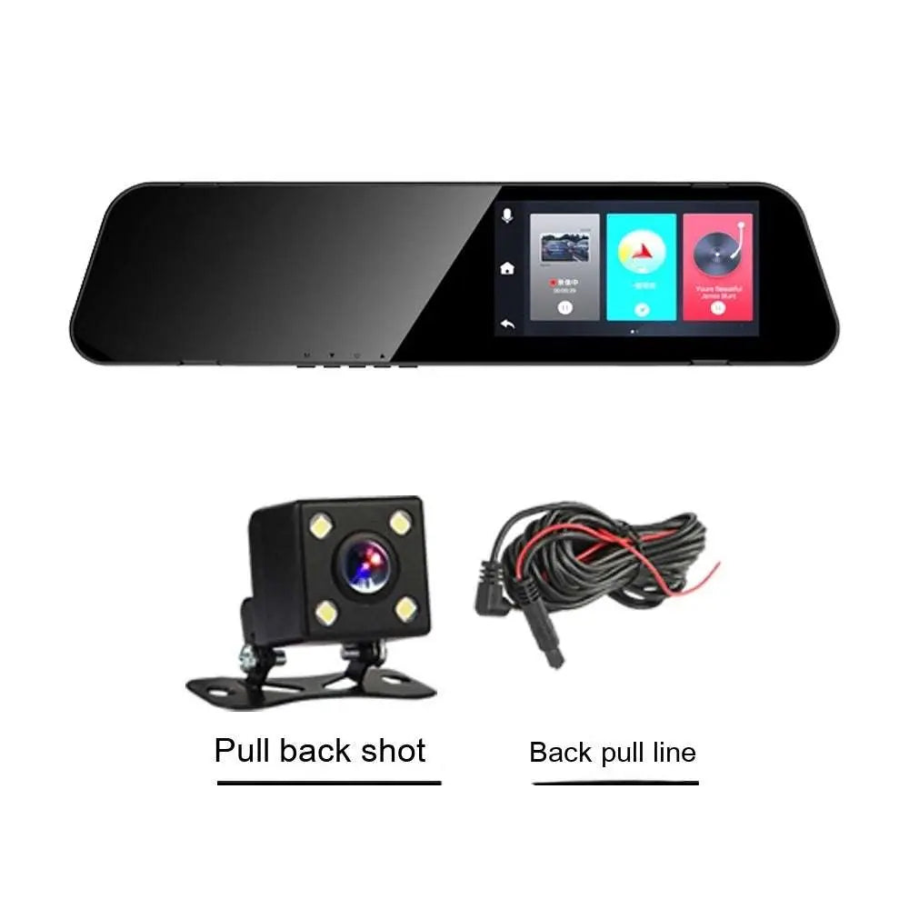 Black sleek dual lens rearview mirror camera with integrated touchscreen and separate reverse camera for reversing image