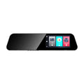 Black sleek dual lens rearview mirror camera with touchscreen displaying colorful app icons for reversing image and night vision