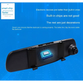 Black dual lens rearview mirror camera showing rear side with smart chip highlighted in blue for reversing image use