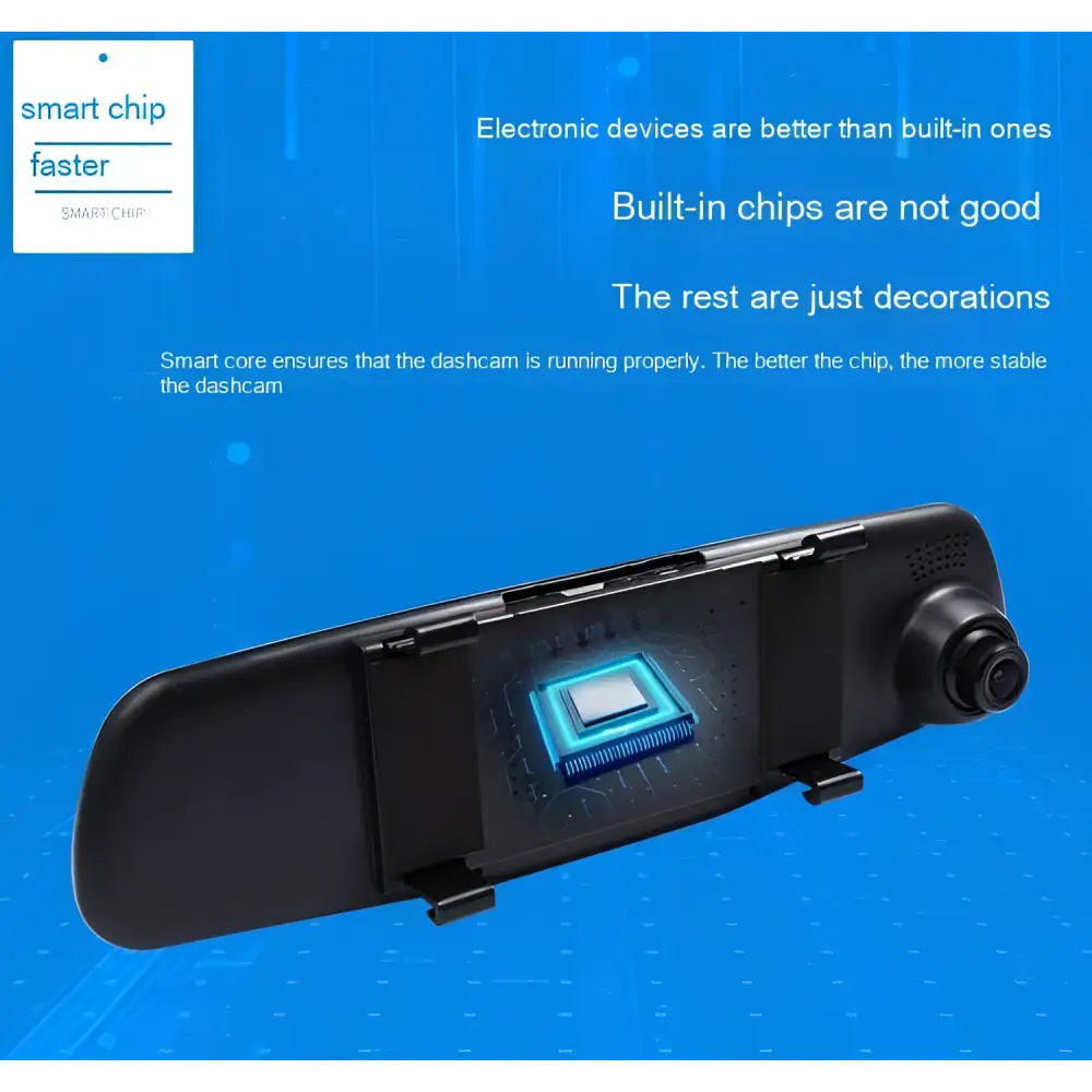 Black dual lens rearview mirror camera showing rear side with smart chip highlighted in blue for reversing image use