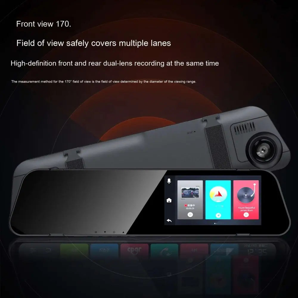 Black and silver dual lens rearview mirror camera with integrated touchscreen display for reversing image and rear night vision