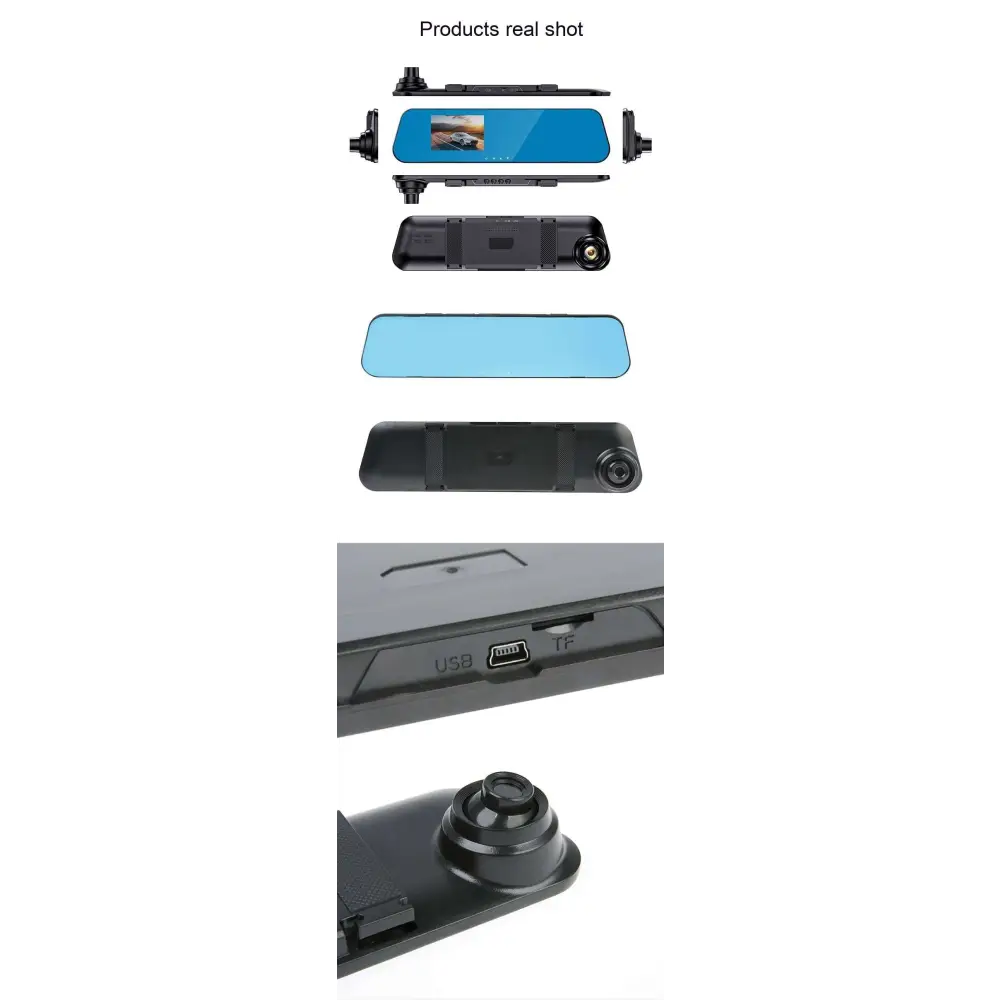 Black and silver dual lens rearview mirror camera with integrated touchscreen display for reversing image and rear night vision