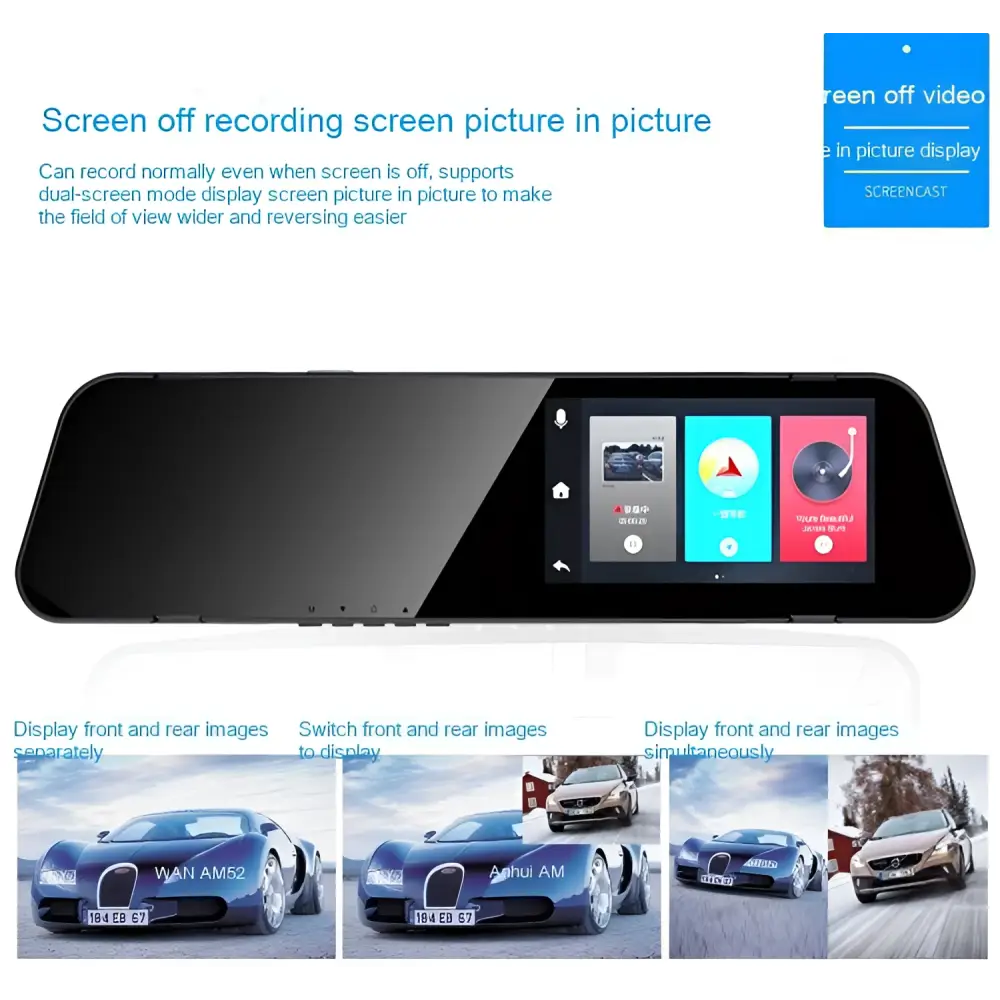 Black dual lens rearview mirror camera with touchscreen interface and rear night vision for clear reversing image