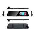 Black sleek dual lens rearview mirror camera with integrated touchscreen and rear night vision for reversing image monitoring
