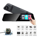 Black 10-inch dual lens rearview mirror camera with integrated dashcam and waterproof backup camera for reversing image