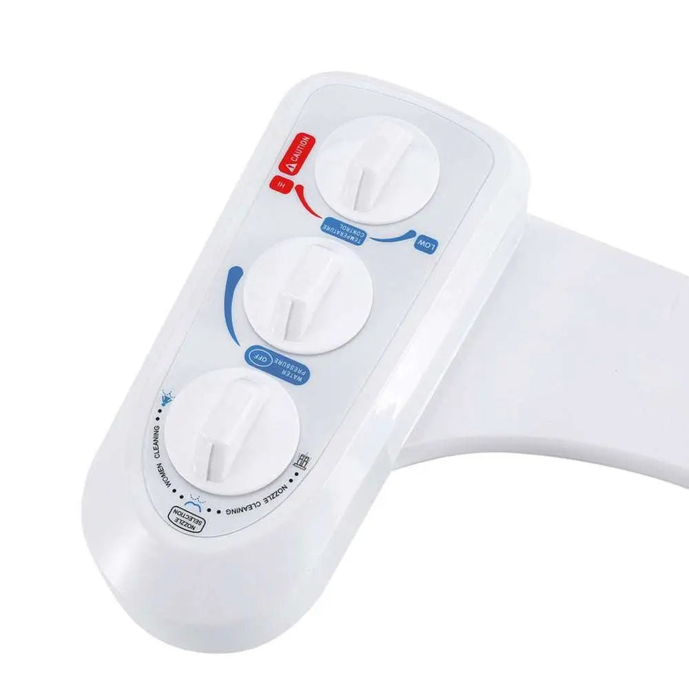 White plastic dual nozzle hot cold bidet spray flushing attachment control panel with three dials for pressure temperature and functions