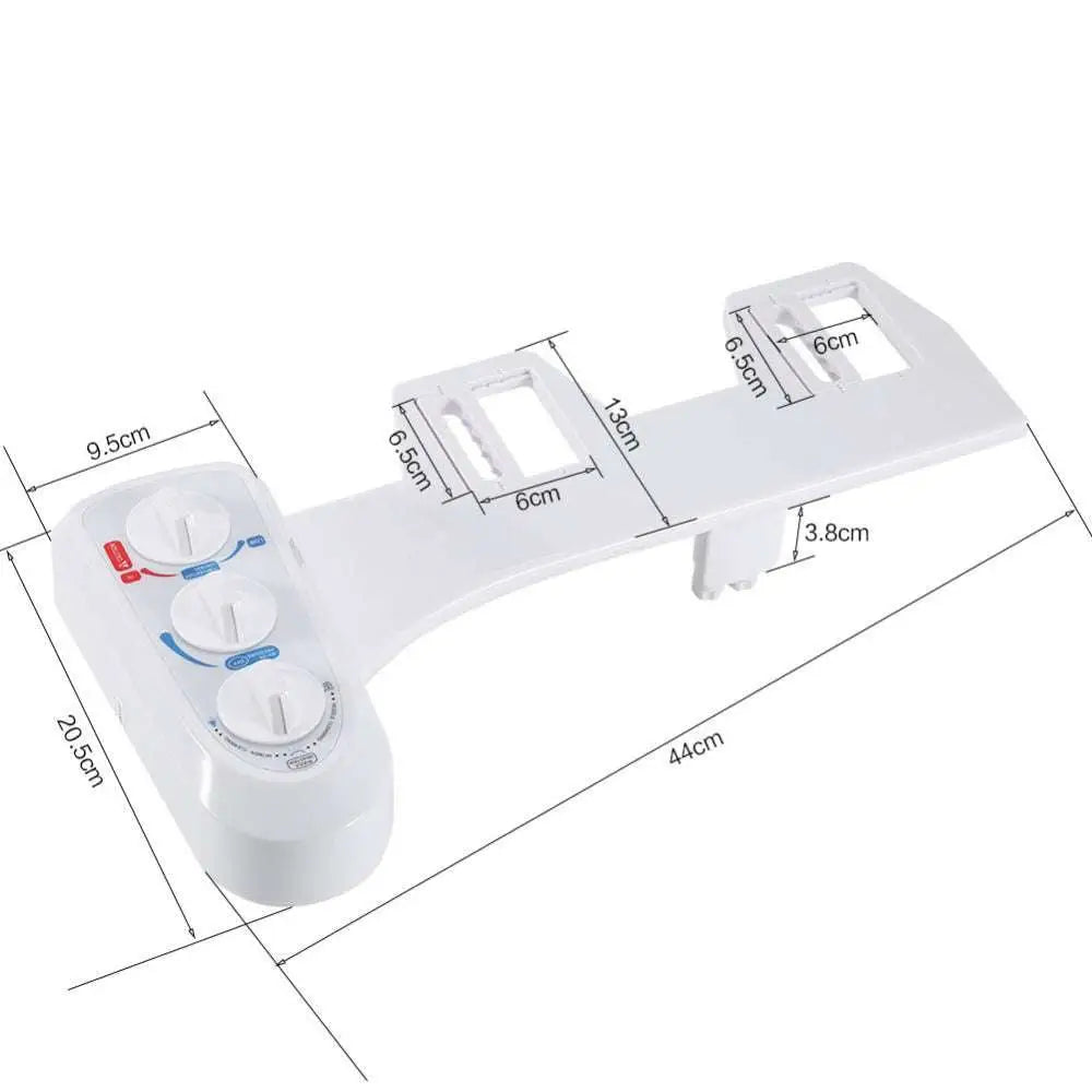 White plastic dual nozzle hot cold bidet spray flushing attachment with three control knobs for temperature and pressure settings