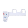 White plastic dual nozzle hot cold bidet spray flushing attachment with three control knobs for temperature and flow