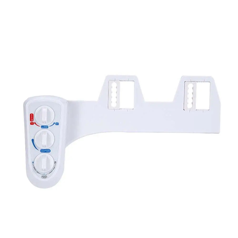White plastic dual nozzle hot cold bidet spray flushing attachment with three control knobs for temperature and flow