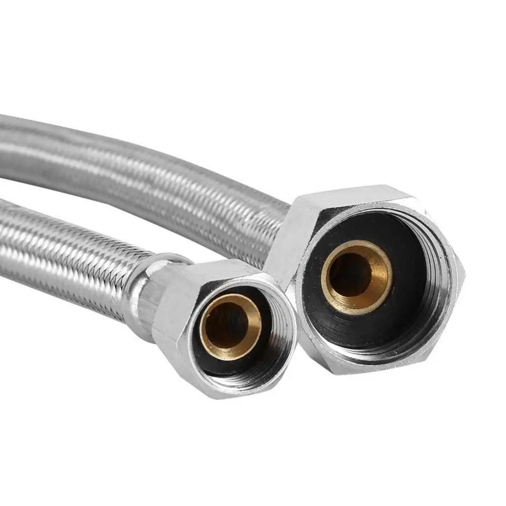 Silver braided metal hose with hexagonal brass fittings for dual nozzle hot cold bidet spray flushing attachment