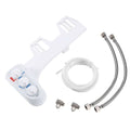 White plastic dual nozzle hot cold bidet spray flushing attachment with three control knobs and metallic braided hoses