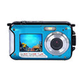 Blue dual screen waterproof HD digital camera with silver lens ring and front LCD showing underwater royale essence lux scene