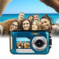 Blue royale essence lux dual screen waterproof hd digital camera with silver lens ring and front lcd displaying photo