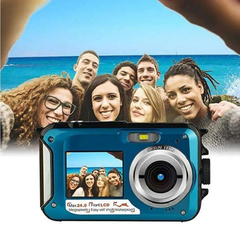 Blue royale essence lux dual screen waterproof hd digital camera with silver lens ring and front lcd displaying photo