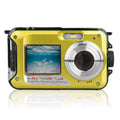 Bright yellow royale essence lux dual screen waterproof hd digital camera with silver lens ring and black protective casing