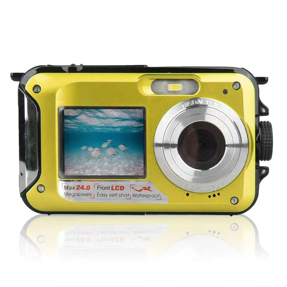 Bright yellow royale essence lux dual screen waterproof hd digital camera with silver lens ring and black protective casing