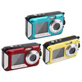Three royale essence lux dual screen waterproof hd digital cameras in teal red and yellow with silver lens rings and black accents