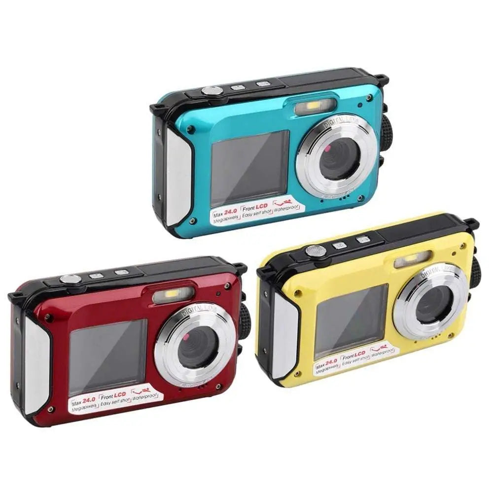 Three royale essence lux dual screen waterproof hd digital cameras in teal red and yellow with silver lens rings and black accents