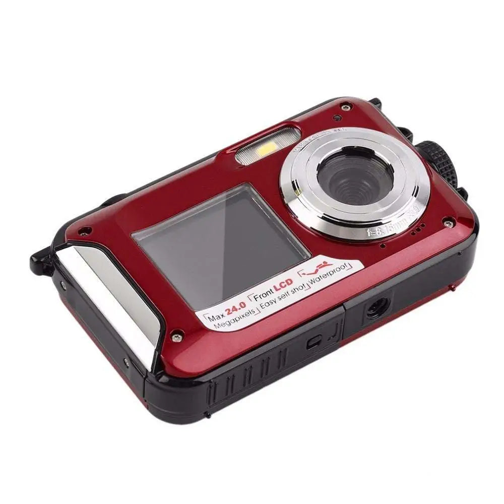 Red and black dual screen waterproof digital camera with silver lens ring and front lcd screen by Royale Essence Lux