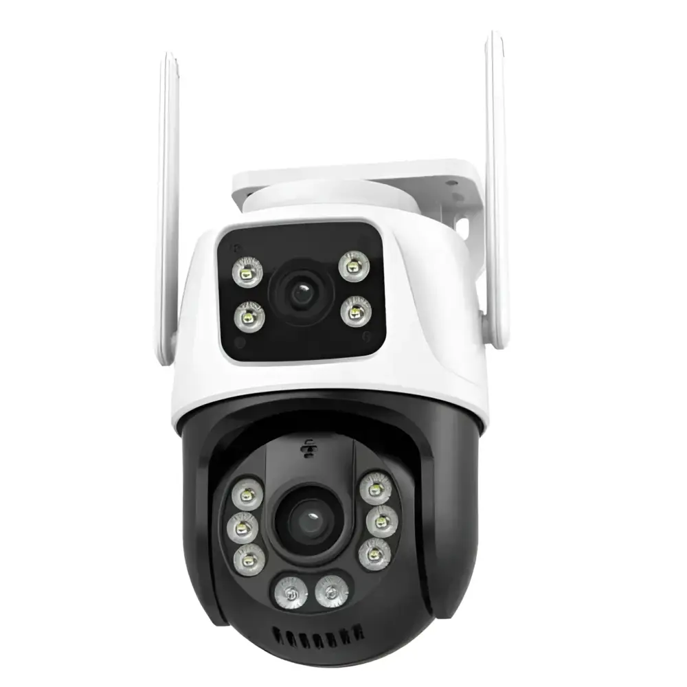 White and black dome-shaped wireless home monitor with two antennas and multiple led lights for outdoor security