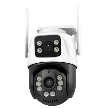 White and black dual screen wireless home monitor with dome design, two antennas, and multiple led lights around lens