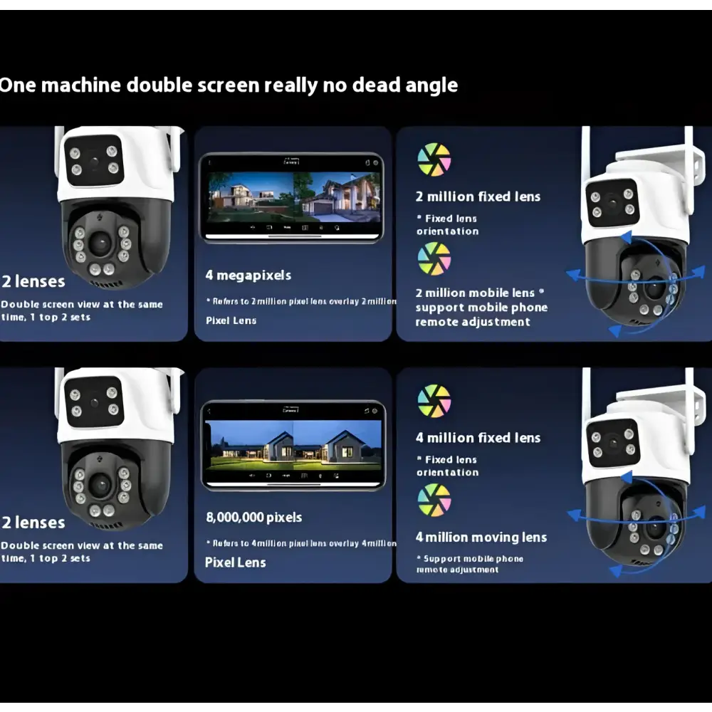 White and black dual screen wireless home monitor with dual lenses featuring 4mp fixed and 8mp dynamic tracking cameras