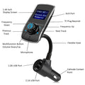 Black and silver dual usb car bluetooth mp3 player with 1.44 inch display, aux port, tf card slot, and flexible gooseneck