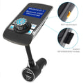 Black dual usb car bluetooth mp3 player with flexible gooseneck and lcd screen showing fm radio and bluetooth status