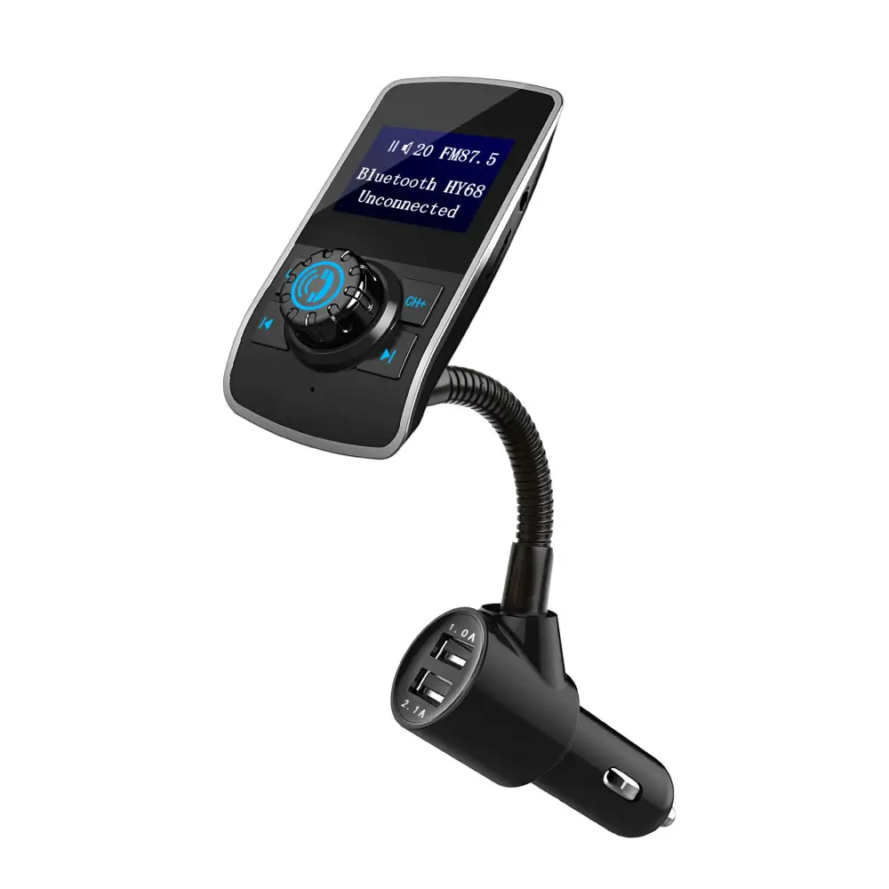 Black and silver dual usb car bluetooth mp3 player with fm transmitter and flexible gooseneck for easy positioning