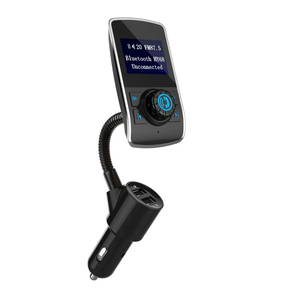 Black dual usb car bluetooth mp3 player with fm transmitter and flexible gooseneck for hands free audio control