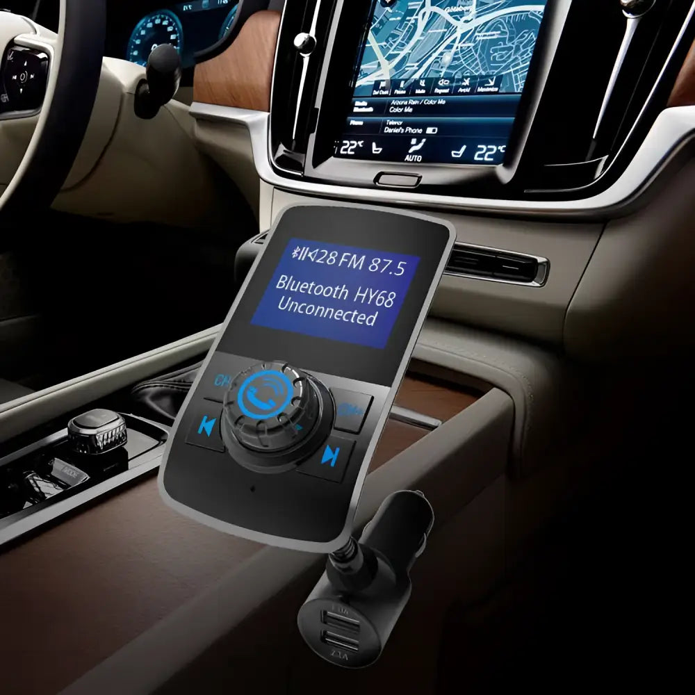 Black and silver dual usb car bluetooth mp3 player with digital display unconnected and music control buttons