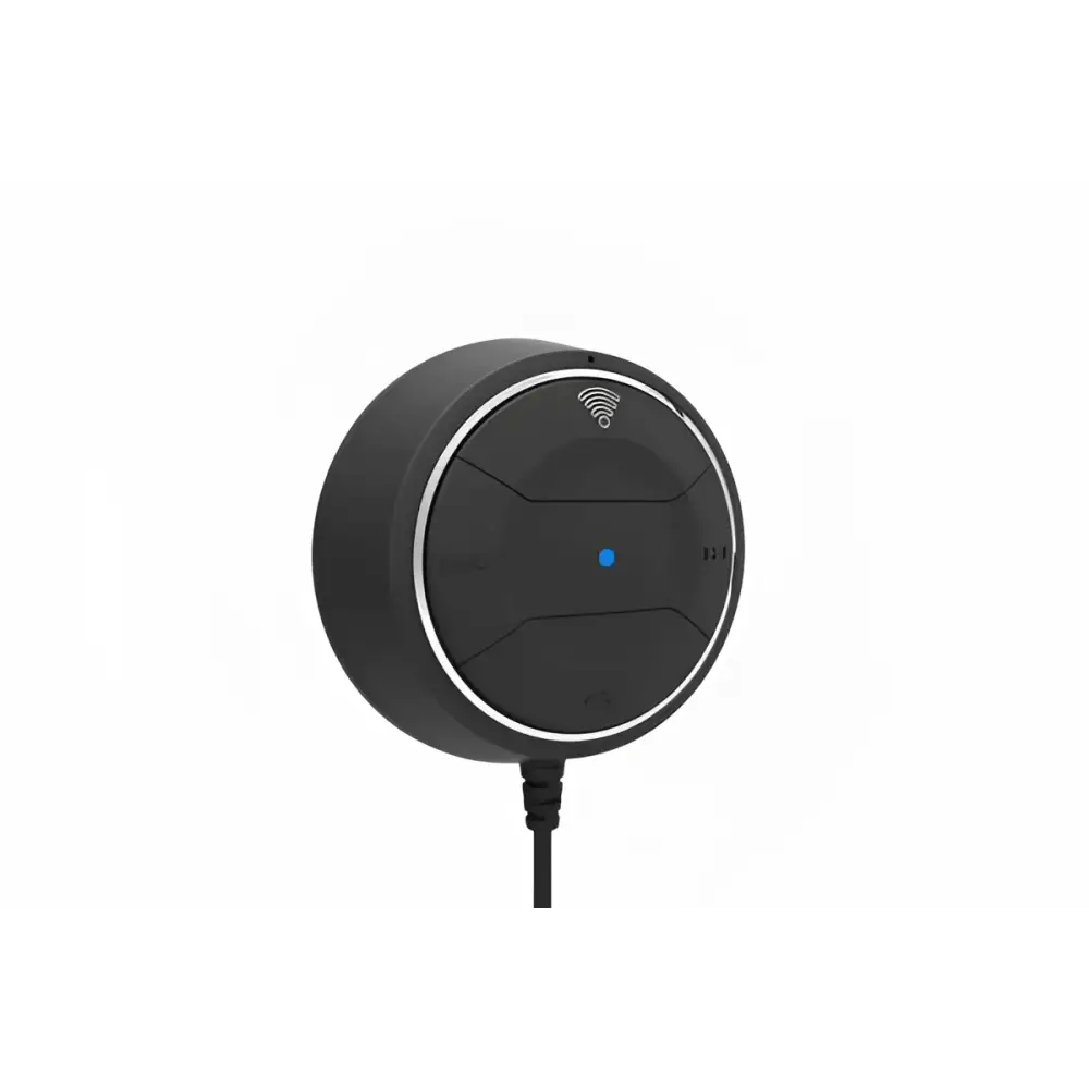 Black circular dual usb car hands free phone music player charger with blue indicator light and wireless charging symbol