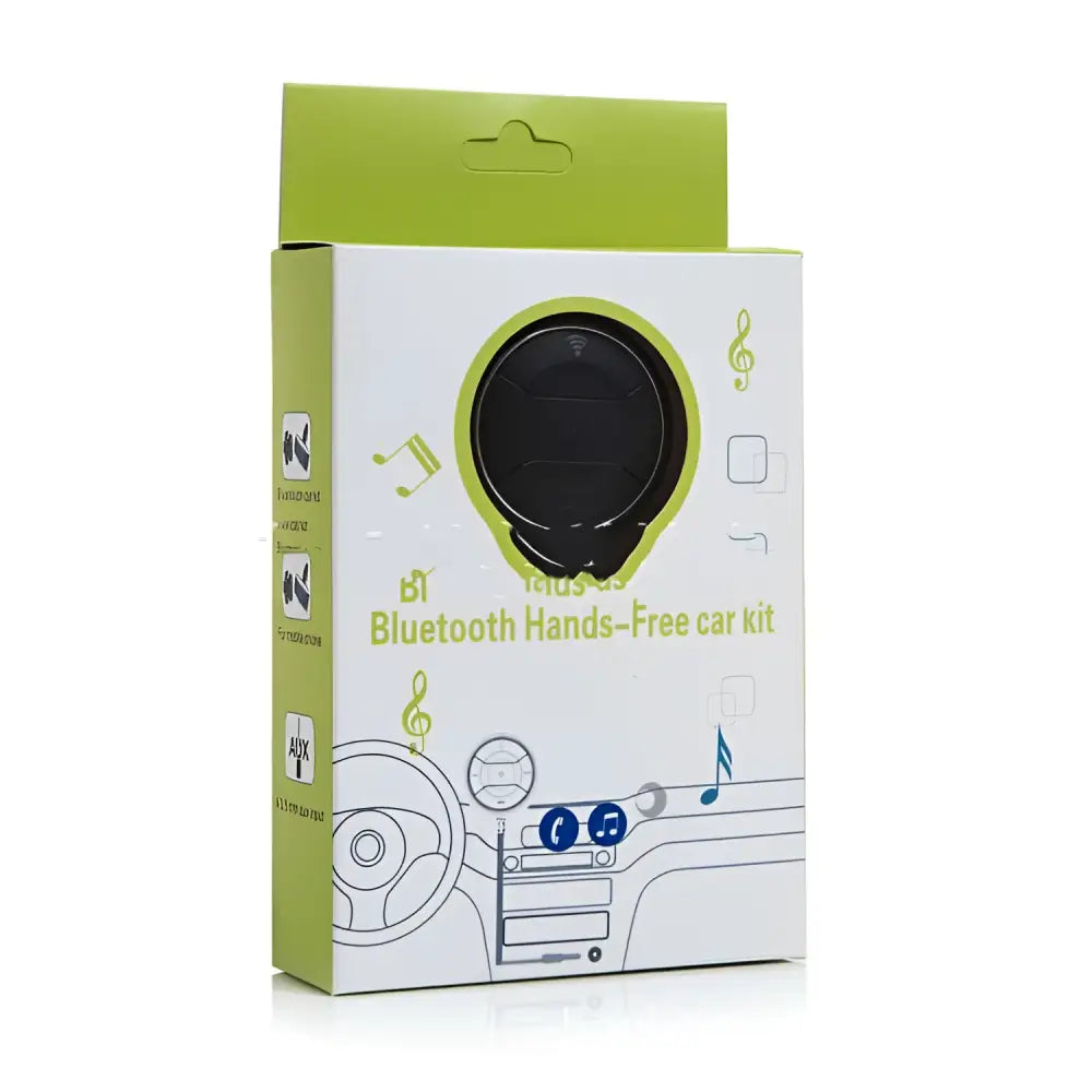 Black circular bluetooth car hands free kit in lime green and white dual usb car phone music player packaging