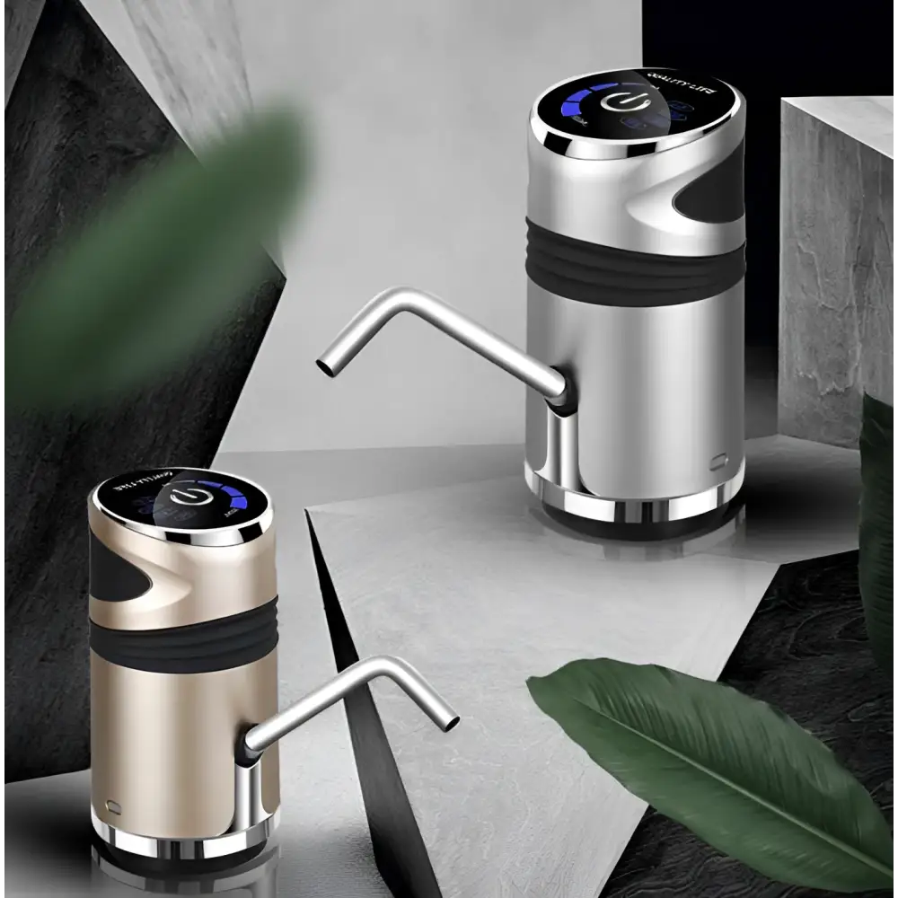 Two sleek metallic electric water pumps with digital displays featured in dual usb charging bucket water absorber design