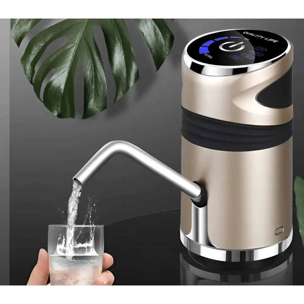 Gold-colored electric water pump with sleek black accents and digital display for dual usb charging bucket water absorber