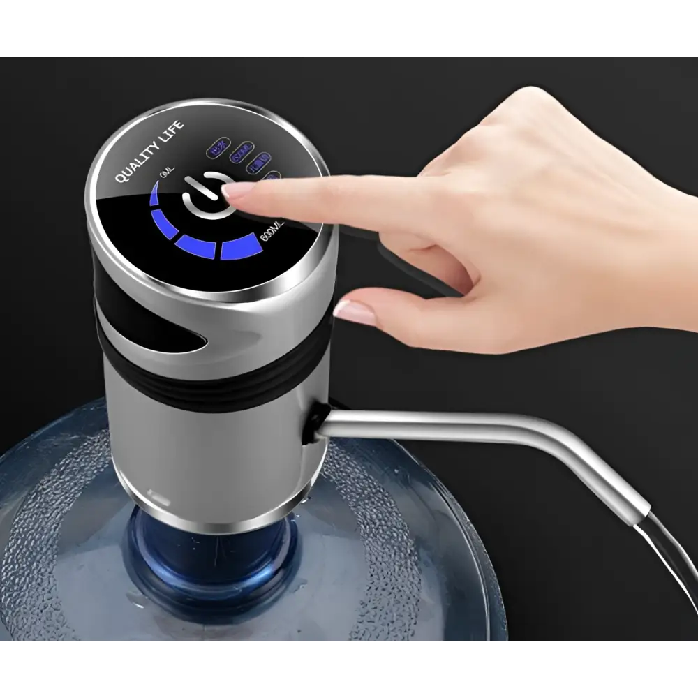Silver and black electric water pump with blue illuminated buttons branded quality life for usb charging bucket use