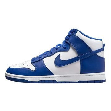 Blue and white nike dunk high sneaker with suede and leather upper in white game royal and royal total orange colors